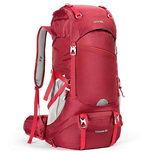 HOMIEE Vandringsryggsäck 50 l, vattentät vandringsryggsäck med regnskydd, arbetsbesparing andas lätt utomhus sport vandring skidåkning bergsklättring camping ryggsäck med vätskesystem (Vinrött)