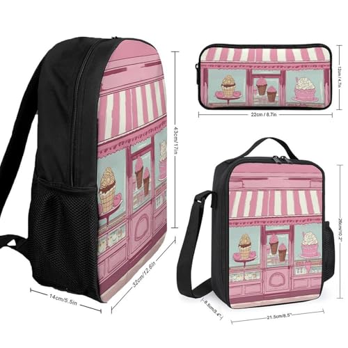3 Piece Backpack for Women Men Lightweight Causal Daypack Shoulder Bag Set with Insulated Lunch Bag And Pencil Case Organizers Ice Cream Store2