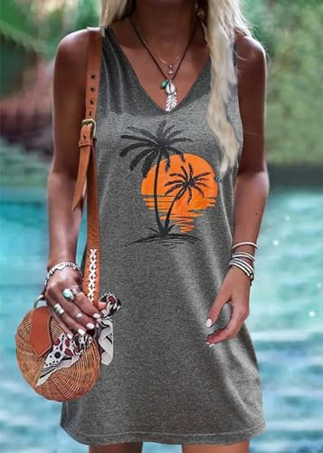 Image of Live Simple Coconut Tree Sleeveless Mini Dress Summer Beach Mini Dress Women's Summer Casual Sexy V Neck Mini Tank Dress