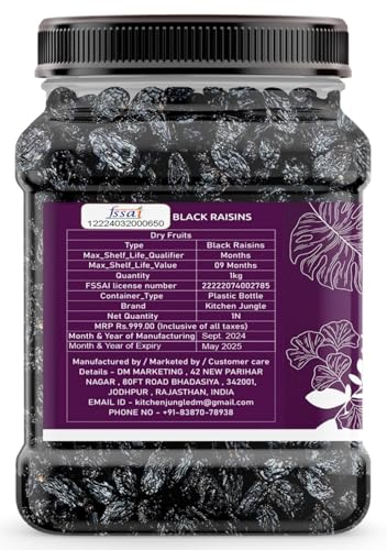 Image of Kitchen Jungle Seedless Black Raisins - 1 KG Jar Pack | Dry Grapes Kali Kishmish Dry Fruits