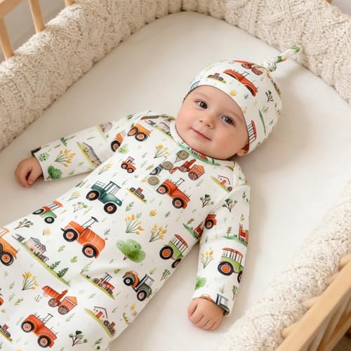 Image of AMAWMW Newborn Baby Boys Girls Cartoon Sleeper Gown Long Sleeve Mountain Nightgown Hat Outfits