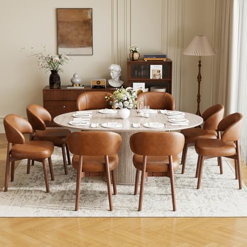 Image of MALOL 47 inch-63 inch Extendable Round to Oval Dining Table Chairs Set for 4-8, Modern Wooden Kitchen Table and Chairs with Hidden Storage and Fluted Design for Dining Room /Small Space(White and Brown)