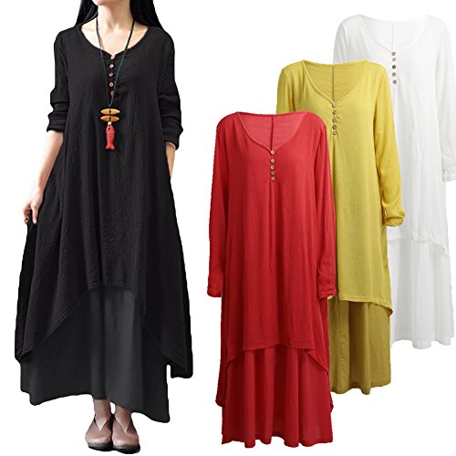 Romacci Women Boho Dress Casual Irregular Maxi Dresses Layer Vintage Loose Long Sleeve Linen Dress with Pockets,S-5XL