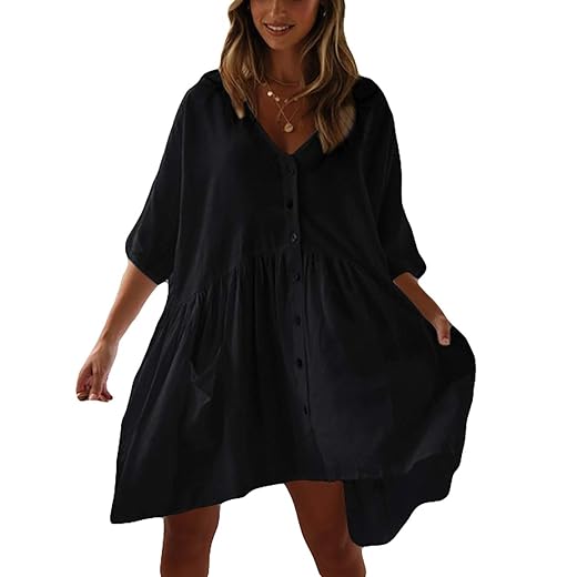 Bsubseach Black Casual Beach Shirt Tunic Dress with Pockets for Women Button Down Half Sleeve Swimsuit Cover Up
