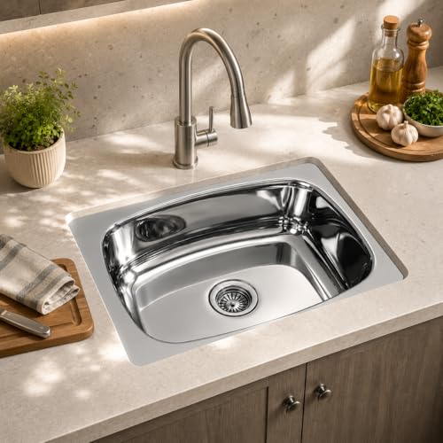 Image of Stainless Steel Kitchen Sink 18x16 Inch | Single Bowl Sink for Kitchen | With Stainless Steel Waste Coupling & PVC Drain Pipe | Rust Proof & Heavy Duty