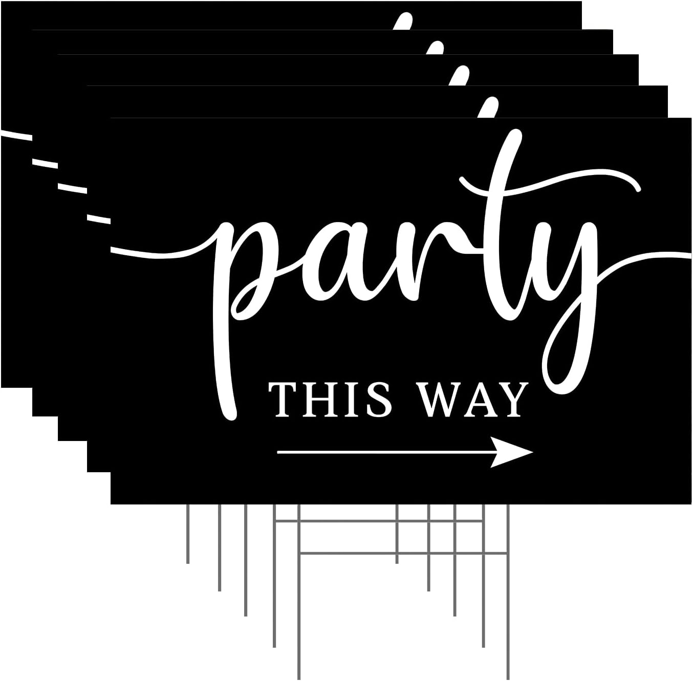 Party This Way | Directional Arrow For Street | Help Find Venue | Yard Lawn Sign | Double Sided Black & White | MADE IN USA | Modern & Simple Design | Boho | Classy | Farmhouse | 5 Pack | (LS 46)