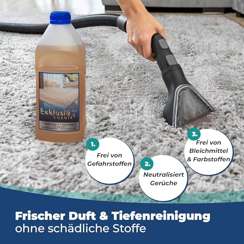 Exklusiv Chemie Teppichreiniger & Polsterreiniger Konzentrat 1L - Geeigent für Waschsauger & Nassauger - Für Teppiche, Polster, Autositze & Textiloberflächen – Frischer Duft
