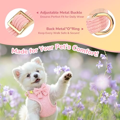 Small Dog Collar Harness and Leash Set, Dog Harness no Pull with Bowtie, Breathable Cotton Adjustable Pet Puppy Harness, Easy Walk Dog Harness, S(14–18.9\")