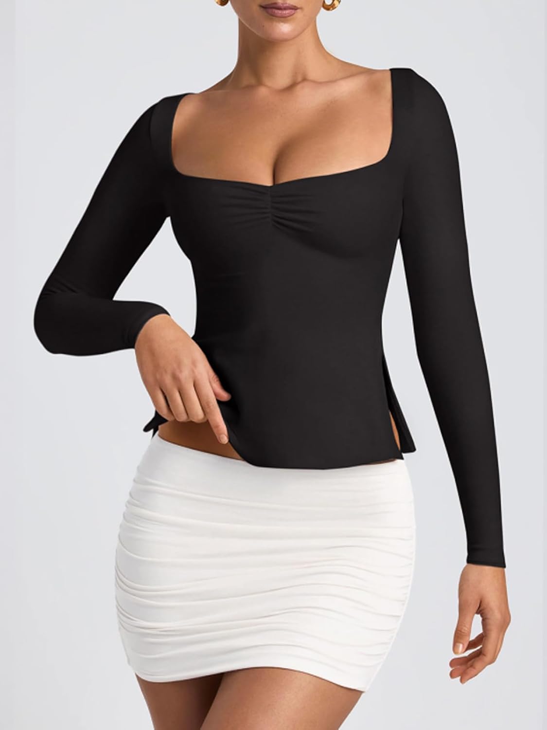 REORIA Womens 2025 Fall Trendy Tops Long Sleeve Shirts for Women Square Neck Going Out Side Slit Tshirts Cute Basic Tee - Image 2