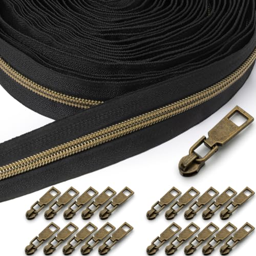 Sonekin 15 M Fermeture Eclair au Metre, Inclut 20 Curseurs (Noir + Bronze)
