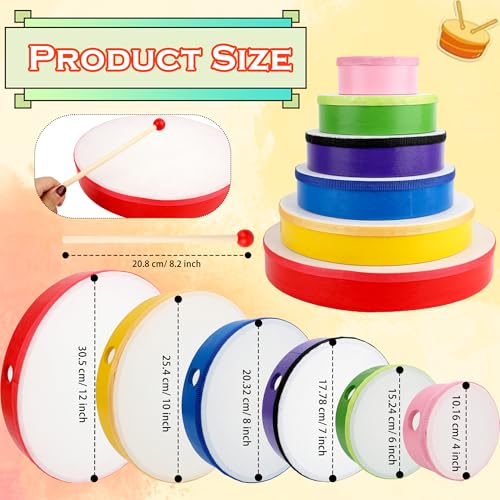 12 Set Hand Drums with Drum Sticks 12 Inch 10 Inch 8 Inch 7 Inch 6 Inch 4 Inch Wood Frame Drum Percussion Instruments for Kids Adults Church Party Beginners Gifts School - Thumbnail 2