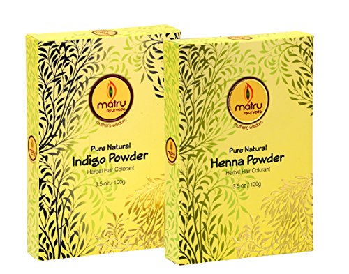 MATRU AYURVEDA 100gm Pure Henna Powder + 100gm Indigo Powder - Ayurvedic/Herbal Hair and Beard Dye/Color Kit. 100% Pure, Natural and Chemical Free, Covers Gray Hair, Strengthens Dull Hair (SET OF 1)