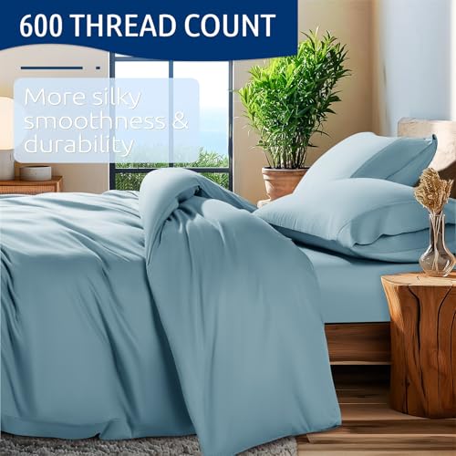 Shilucheng 100% Cotton Queen Size Duvet Covers - 600 Thread Count, Luxury Sateen Weave Egyptian Cotton Comforter Cover with Zipper Closure,Hotel Bedding Duvet Covers 3 Piece (French Blue)