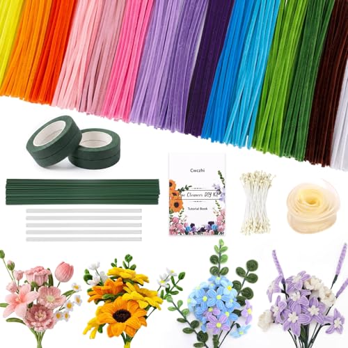 1050 PCS Pipe Cleaner Flower Kit 15 Assorted Colors Pipe Cleaners Craft Chenille Stems for DIY Flower Making Kit with Instructions Floral Wires Stamen& Ribbon Art and Craft Supplies