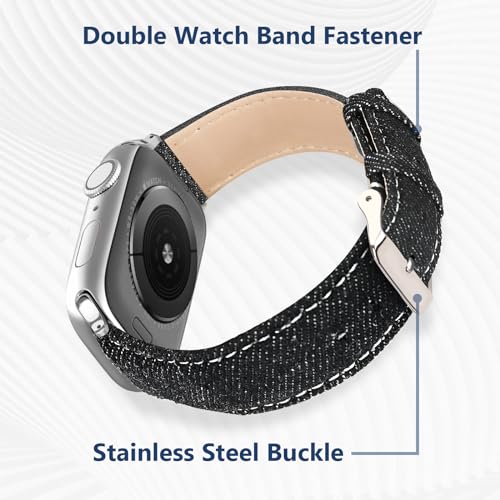 Ruibopad Bracelet en jean pour Apple Watch 42 mm, 44 mm, 45 mm, bracelet hybride en cuir souple compatible avec les bracelets iWatch Series 9/SE/8/7/6/5/4/3/2/1, bracelet tendance noir pour homme et – vue 5