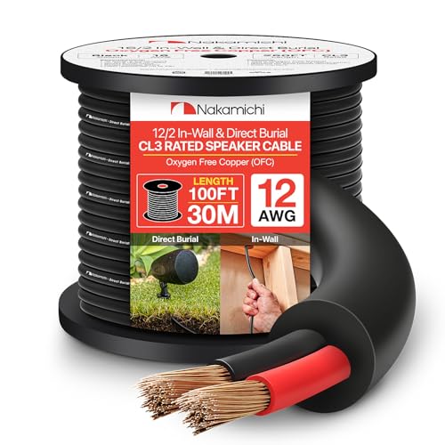 Nakamichi 12/2 (100 pies) Cable de altavoz de 2 conductores en cobre libre de oxígeno (OFC) para instalación en pared y enterrado directamente (certificado UL CL3), negro (12AWG / 100ft / 30,48m)