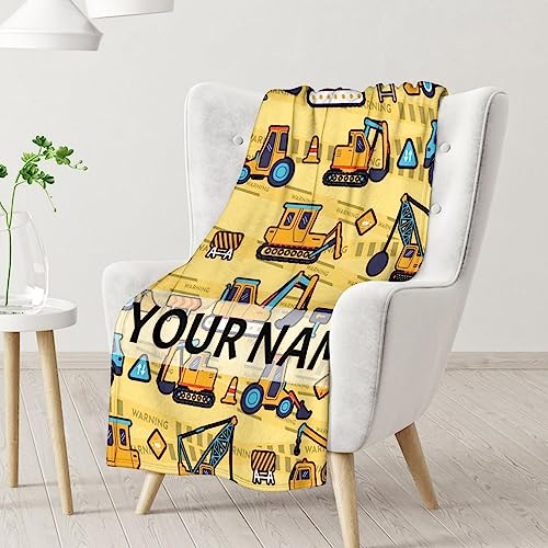 Personalized Construction Truck Blanket Gifts with Name - 60x80 Inches Funny Throw Blanket for Boys & Kids - Yellow Soft Fuzzy Excavator Blankets for Bed, Couch & Living Room