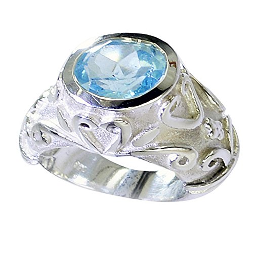 Bague topaze bleue véritable argent massif 925 fait main ovale lunette taille X