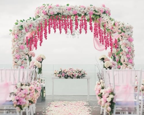 Image of SATYAM KRAFT 12 Pcs (43.2 inch) Artificial Wisteria Vine Garland | Long Silk Hanging Flowers String for Wedding Decoration Items, Mandap, Birthday Party, Festival Event & Home Decor (Rani)
