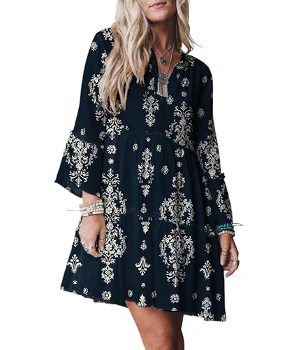 Image of Summer Dresses for Women 2026 Flowy Ruffle 3 /4 Sleeve V Neck Tiered Casual Babydoll Boho Beach Mini Dress