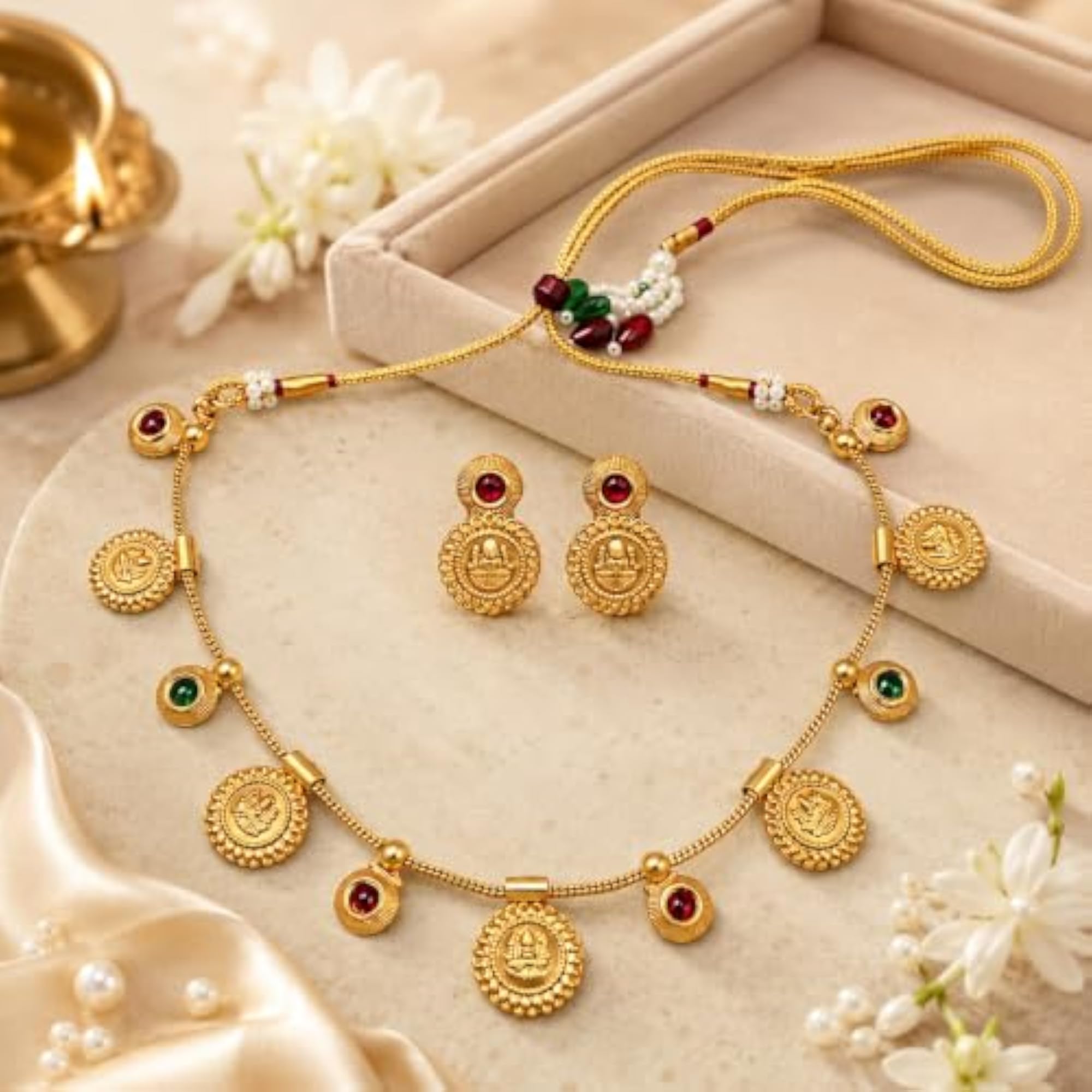 Women's Gold Brass & Copper Temple Coin Necklace Set with Lakshmi Pendant