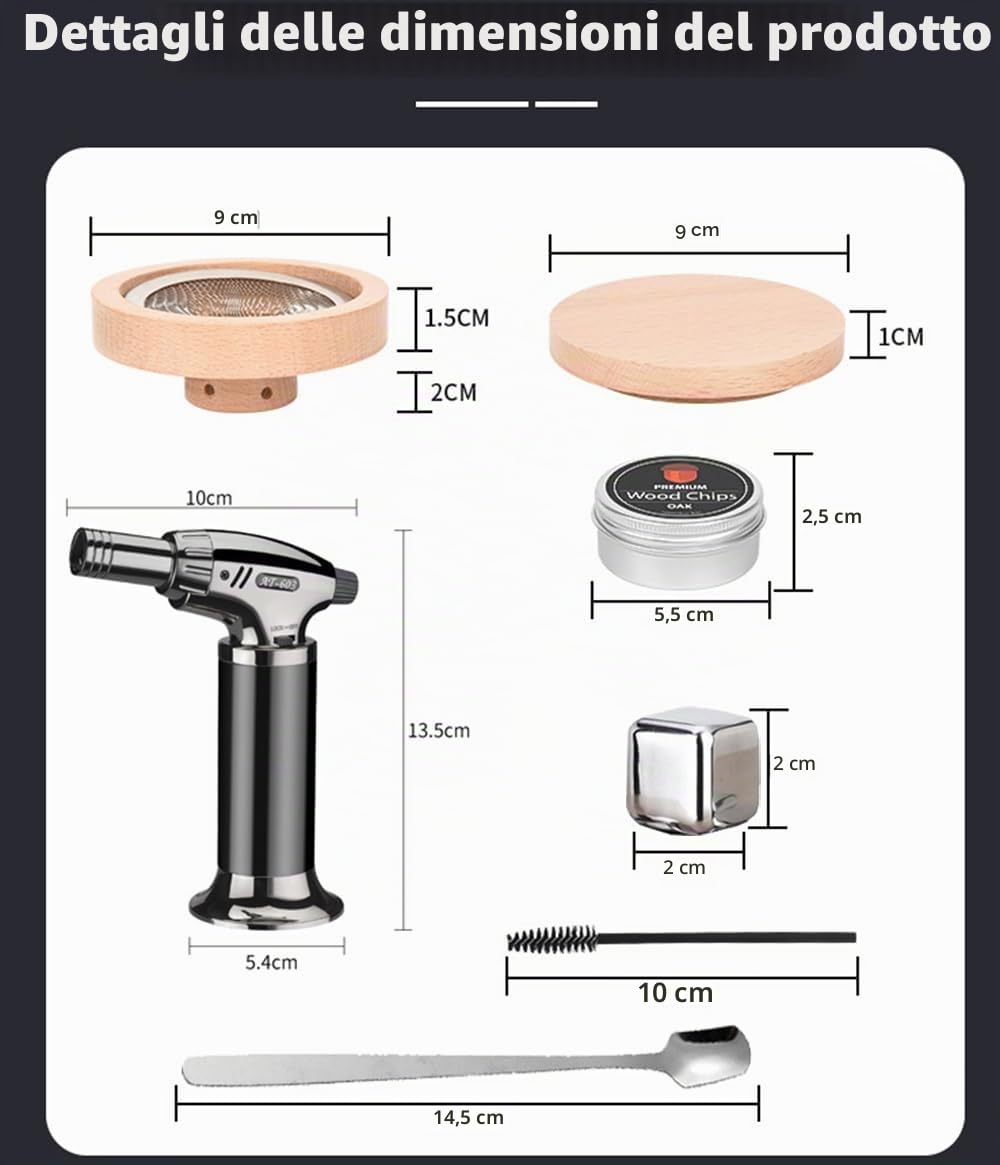 Kit affumicatore per cocktail con torcia, kit affumicatore per whisky con 8 sapori di trucioli di legno affumicato, kit affumicatore per bevande antico con torcia, vassoio per ghiaccio, accessori