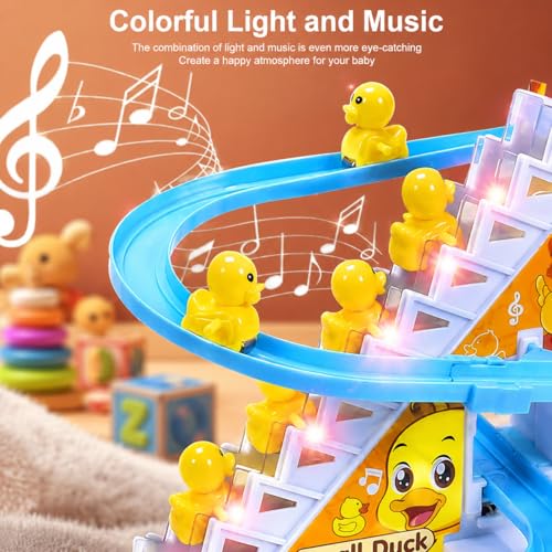 Image of KmCho Duck Track Toy for Kids, Automatic Stair Climbing Duck Set with Flashing LED Lights & Music, Cartoon Duck Escalator Race Track Toy, Educational Battery Operated Toy for Boys & Girls