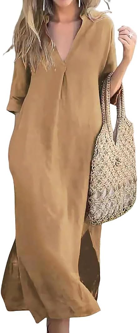 utcoco Womens Cotton Linen Maxi Dresses Casual Loose Fit V Neck 3/4 Sleeve Side Slit A Line Linen Long Dress