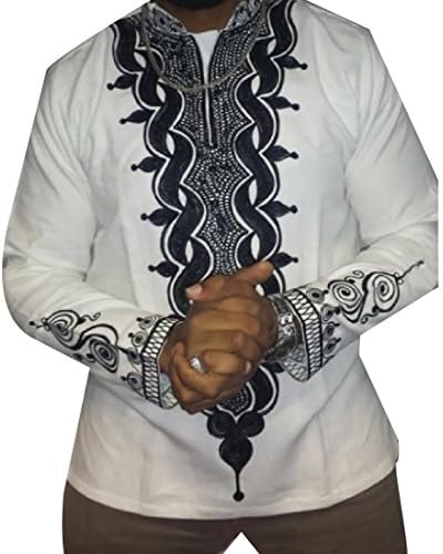 DressU Mens Long Sleeve African DashikiTribal Loose Pullover T Shirt White L