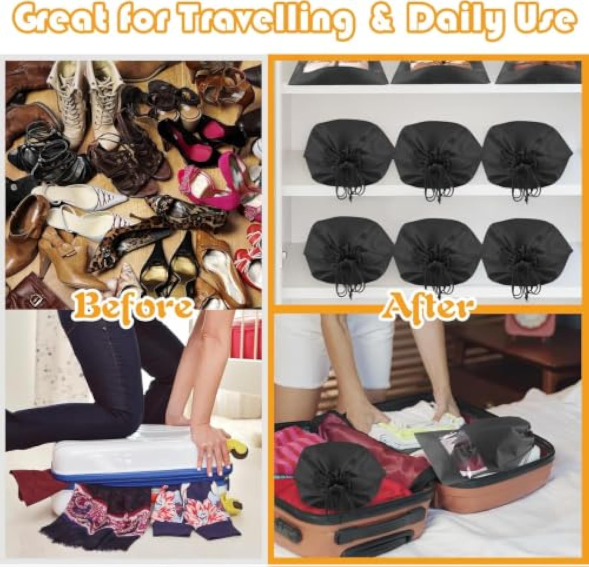 Shoe Bags for Storage, Reusable Drawstring Organizer
