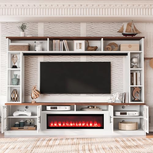 MaiDeHaoo Farmhouse Wall Unit Entertainment Center with Fireplace, 4-Piece TV Stand Media Console Table with Bookcase for TVs Up to 80', Large Wall Unit TV Stand with Adjustable Shelves, White+Walnut