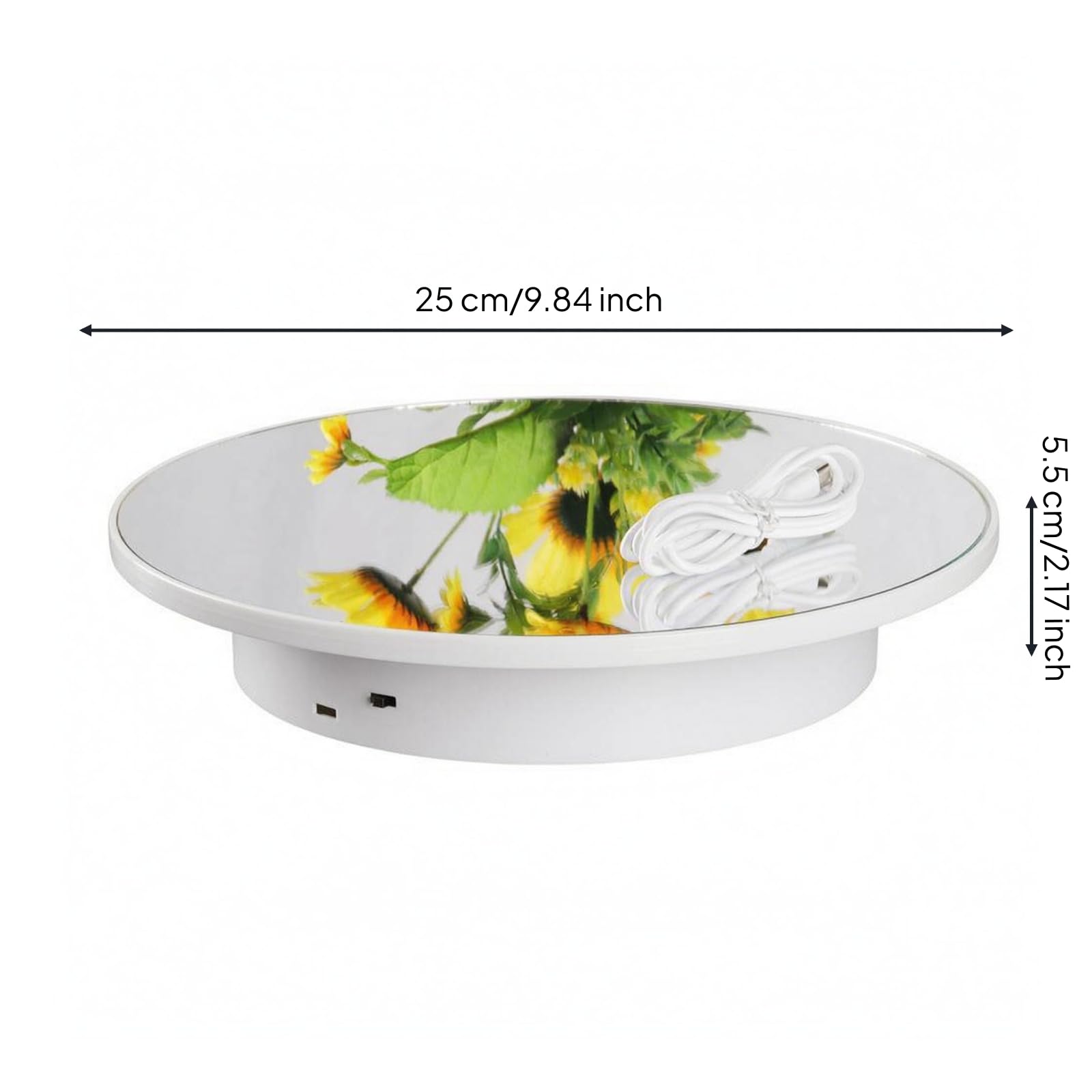 Piattaforma Girevole Elettrica Rotante Turntable Espositore Specchiato Piatto Rotante Motorizzato Top a Specchio Base Bassa Cilindrica 5 Kg USB 5V, Bianco Specchiato, 2668-25cm