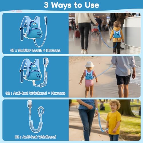 Image of Dr.meter 3 in 1 Toddler Harness Leash with Key Lock for Boys Girls | Cute Dinosaur Kids Safety Harness + 8.2ft Anti Lost Wrist Link Child Walking Assistant Strap for Outdoor Activity Travel