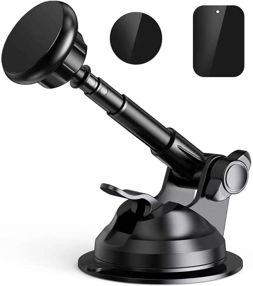 Magnetic Car Phone Holder with Telescopic Suction Cup Adjustable Stand for Windshield Dashboard Universal Mobile Phone Mount Black