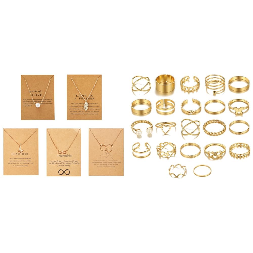 Shining Diva Fashion Women’s 5 Pcs Combo Latest Stylish Infinity Butterfly Pearl Necklace Jewellery Set Pendant Necklace Gifts (15911Np) Stylish Rings – Set Of 22 (Golden) (Sd14737R)