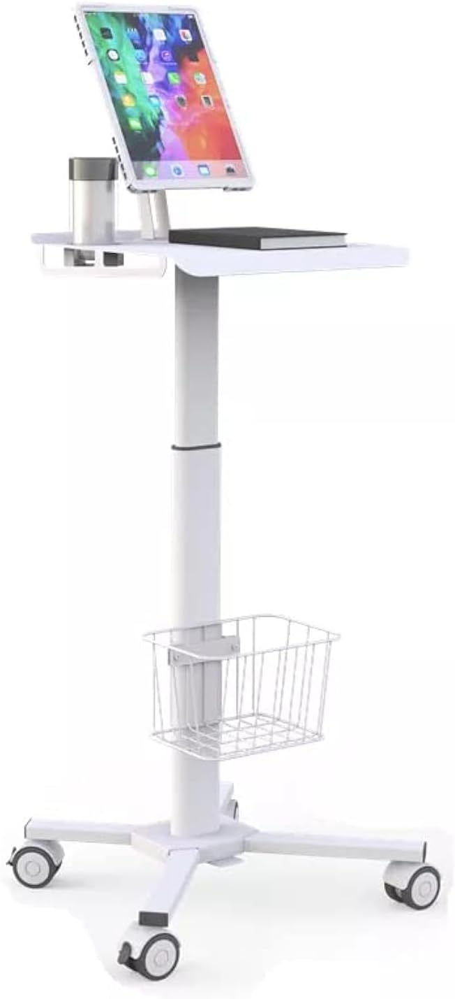 Mount Plus MB-C01 Height Adjustable Mobile Medical Tablet Cart with Wheels and Tablet Enclosure Basket Storag | Medical Trolley for Hospital Clinic Beauty Salon | Pneumatic Mobile iPad Workstation