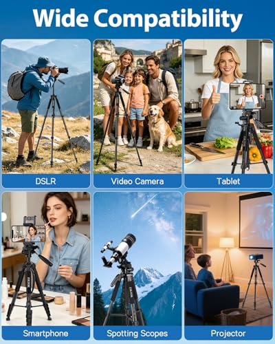 Image of 75 inch Camera Tripod, Aluminum Heavy Duty Camera Stand for ipad Phone, Travel Tripod with /Carry Bag /Phone Tablet Holder, Compatible with Canon Nikon Sony DSLR, Spotting Scopes, Max Load 15 Lb(Black)