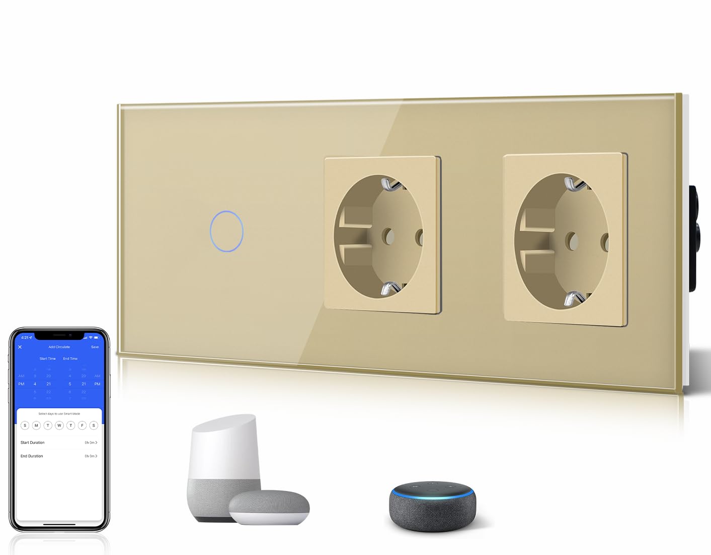 BSEED BSEED 1 Gang 1 Vía Interruptor de Luz Táctil Inteligente WIFI con Doble Schuko Enchufe Estándar, Compatible con Alexa/Tuya/Smart Life (Requiere Cable Neutro) Oro