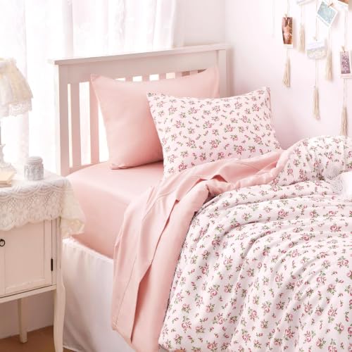 Image of Wake In Cloud - Twin /Twin XL Comforter Set, 3-Piece, Floral Shabby Chic Coquette Cottagecore Flower Light Blush Pink Green, Soft Lightweight College Dorm Bedding for Women Teen Kids Girls