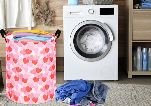Image of Round Valentine's Heart Pattern Laundry Hamper Clothes Storage Basket Fabric Storage Hamper Organization Storage Bin, Nursery Box,Gift Basket with Handles