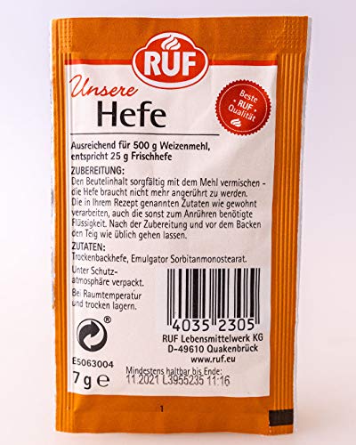 RUF Hefe Trockenhefe ohne Anrühren, Hefeteig für Pizza Brot Kuchen Hefezopf, 1 Beutel entspricht 25g Frischhefe, 3x7g