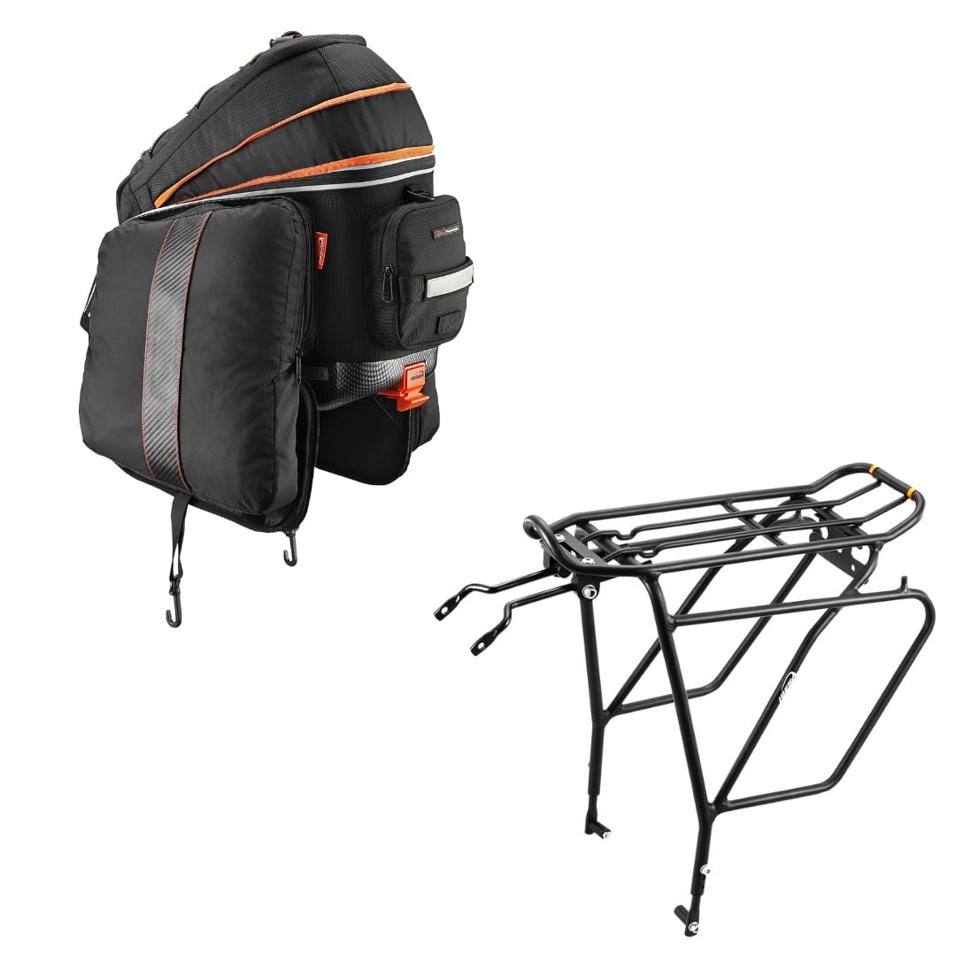 Ibera PakRak Touring Bicycle Seatpost/Disc/Non/Disc Rack and Quick Release Bag (Disc Brake Rack + Trunk Bag with Expandable Panniers)