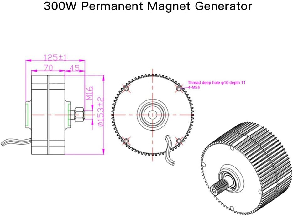 Technical drawing with dimensions for MarsRock 300W Permanent Magnet Generator