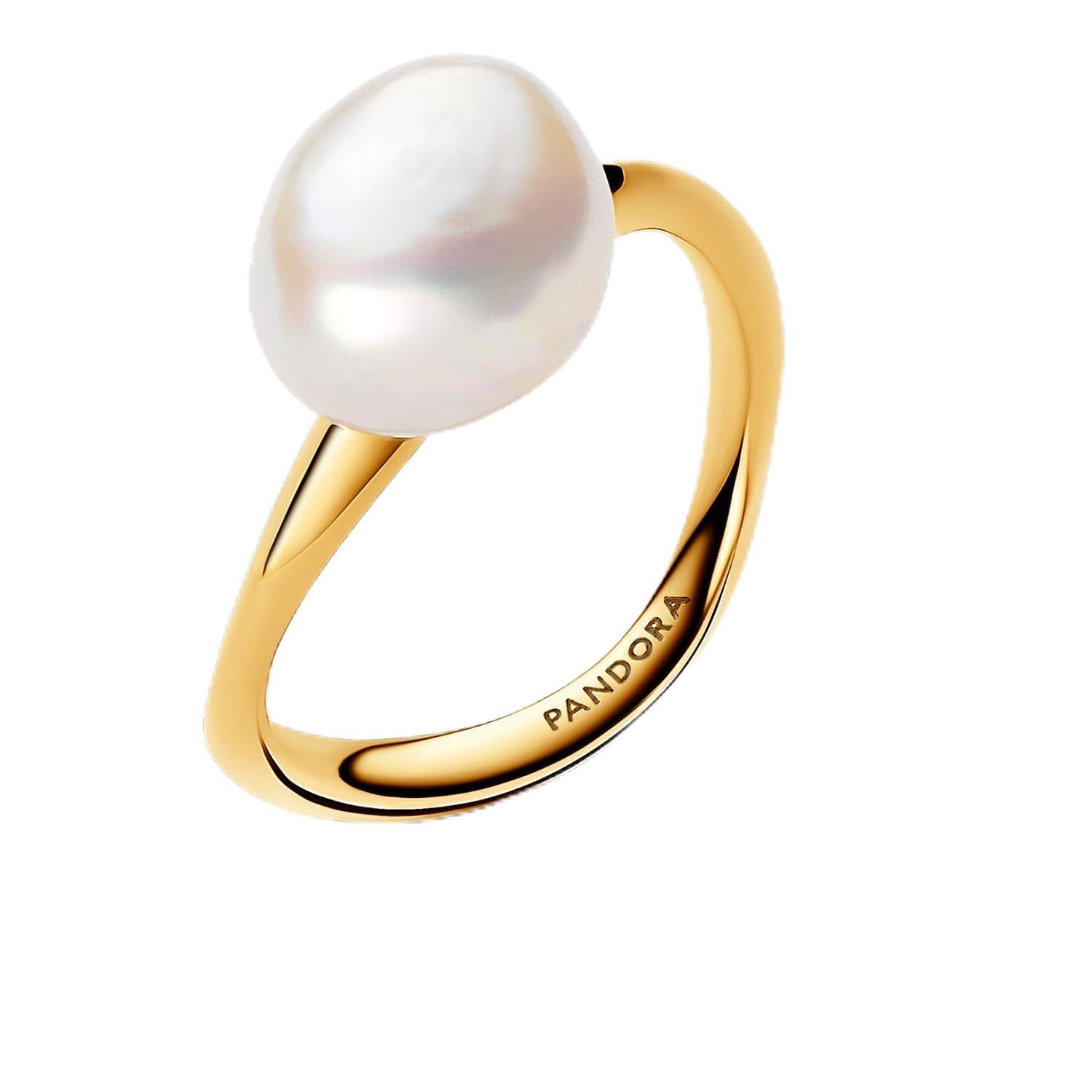 PANDORA Essence - Anello placcato in oro 14k con perla coltivata d’acqua dolce trattata bianca barocca