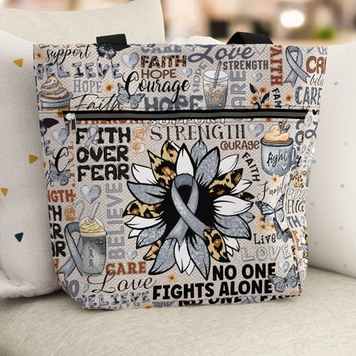 Image of 84hoods Large Waterproof Tote Bag with Pockets and Zipper for Work. Aesthetic Grey Ribbon Support Awareness Gift for Women.