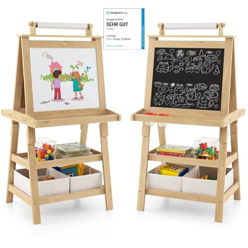 COSTWAY 3 en 1 Tableau Enfants Double Face avec Rouleau de Papier, Chevalet Enfants avec 2 Etagères et 2 Boîtes de Rangement, Structure Triangulaire, Jouet de Dessin pour Enfants de 3 Ans+