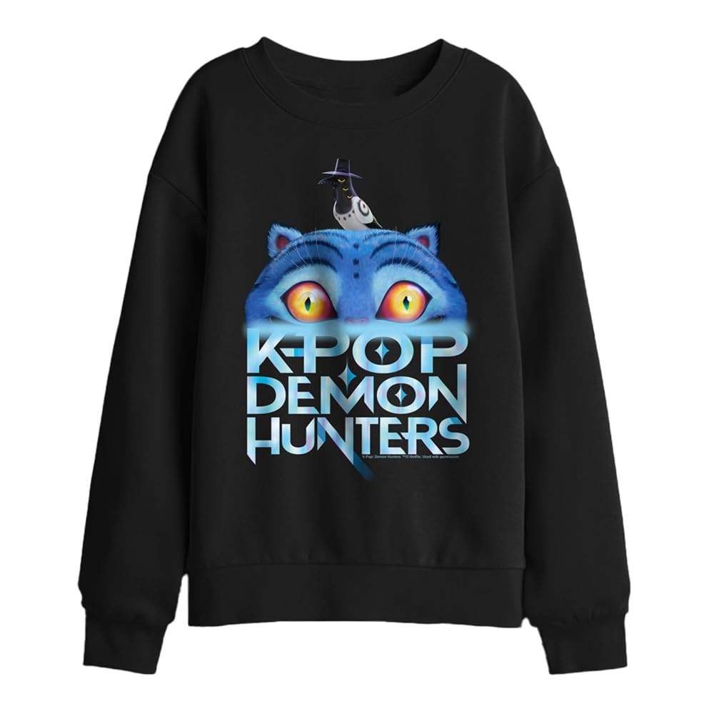 Kpop Demon Hunters Derpy Tiger Sinking Logo Kids Sweatshirt, Black, 5-6