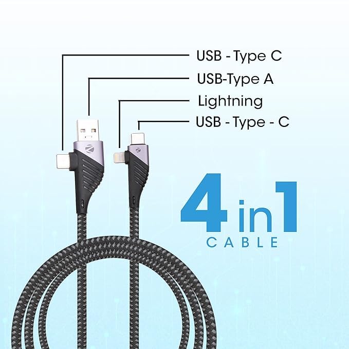 Image of Zebronics UCLC65B 65 Watts PD Fast charging 4 in 1 cable with USB /Type C to Type C /Lightning connector, 1 meter braided cable for smartphones tablets and Laptops