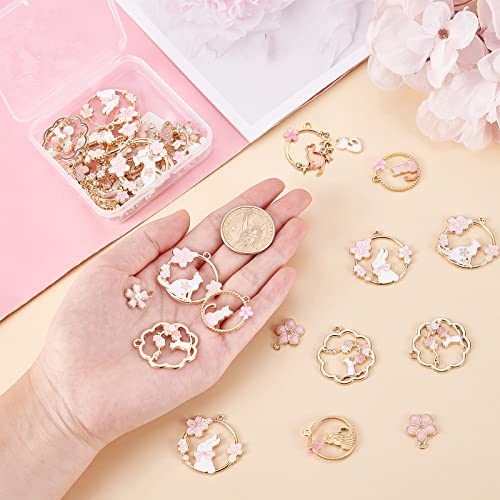 SUNNYCLUE 1 Box 48Pcs 12 Styles Pink Flower Charms Enamel Cat Rabbit Animal Floral Hollow Flat Round Alloy Pendants Bulk Gold Plated for Jewelry Making Charms DIY Bracelets Earrings Findings - Image 3