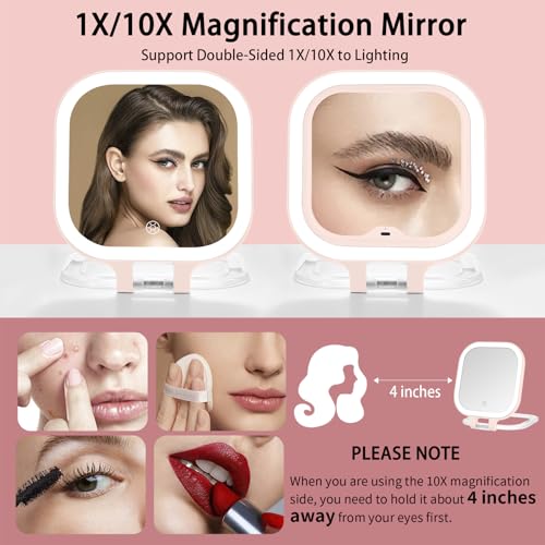 DESCHEN Rechargeable Travel Makeup Vanity Mirror with Lights and Magnification, 7" Portable 1X/10X Magnifying Mirror with 3 Color Light, Lighted Makeup Mirror with Magnification, Folding LED - Pink — view 2